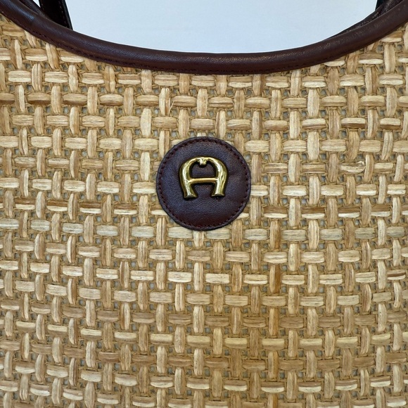 Etienne Aigner Woven Straw & Brown Leather Shoulder Bag Vintage-Inspired - Picture 2 of 12